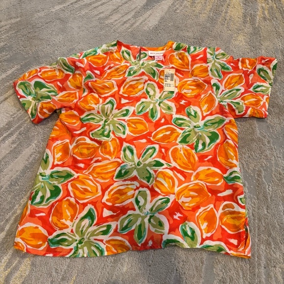 Jack Mulqueen Tops - Jack Mulqueen silk floral top orange green short sleeve button front small